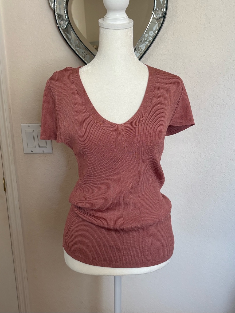 White House Black Market Short Sleeve V-Neck Top in Dusty Rose